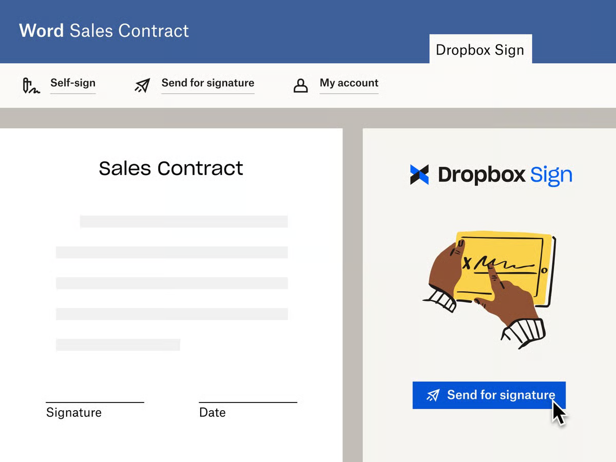 Dropbox Sign interface showing a Word sales contract on the left with signature and date fields, and a panel on the right with the Dropbox Sign logo, an illustration of hands signing a document, and a blue ‘Send for signature’ button with a cursor hovering over it