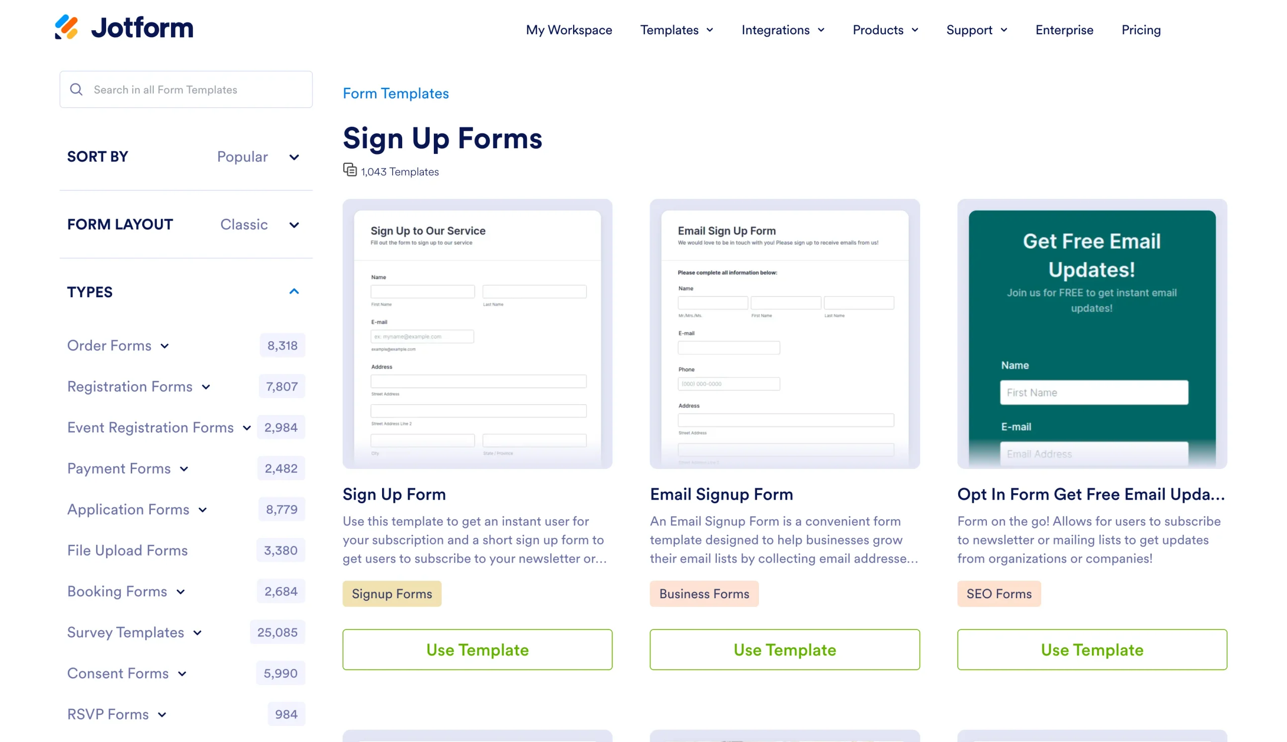 Jotform Sign Up Forms page showing signup template options and Use Template buttons