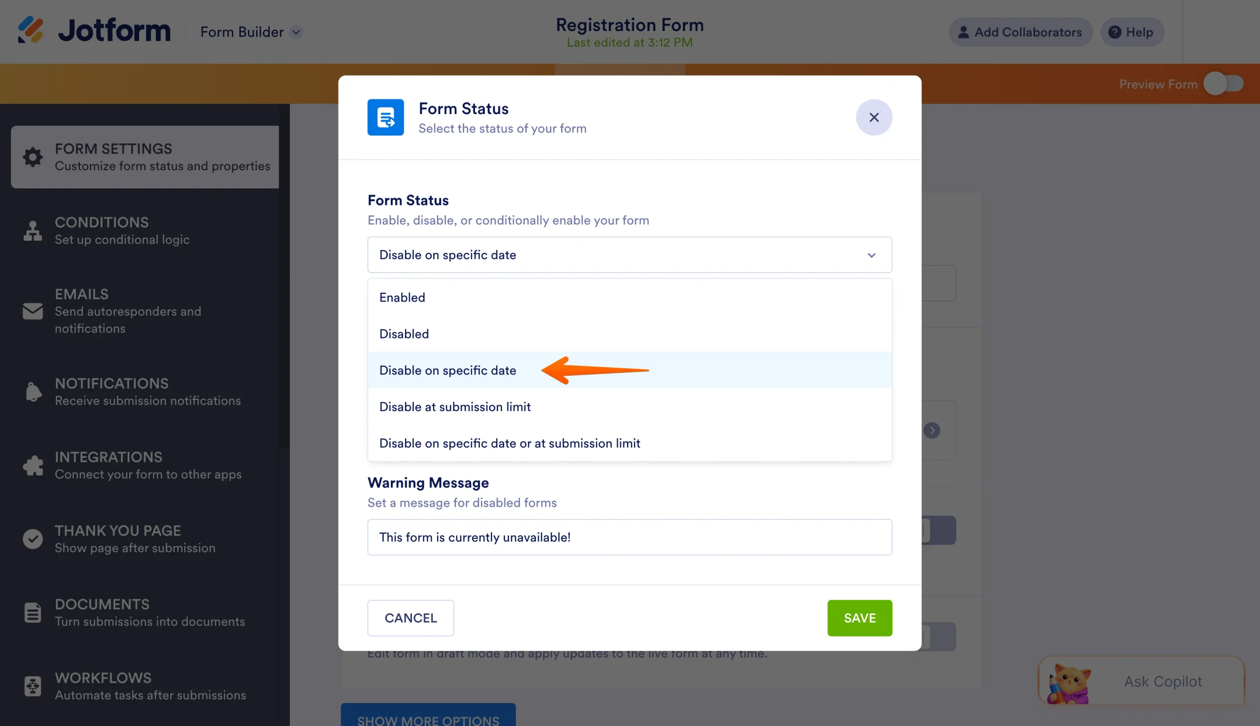 Jotform Form Status menu selecting the Disable on specific date option