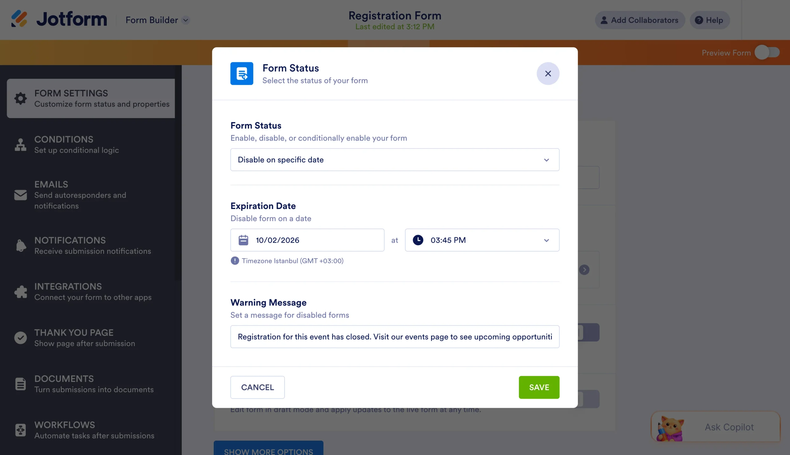 Jotform Form Status settings showing an expiration date and custom warning message