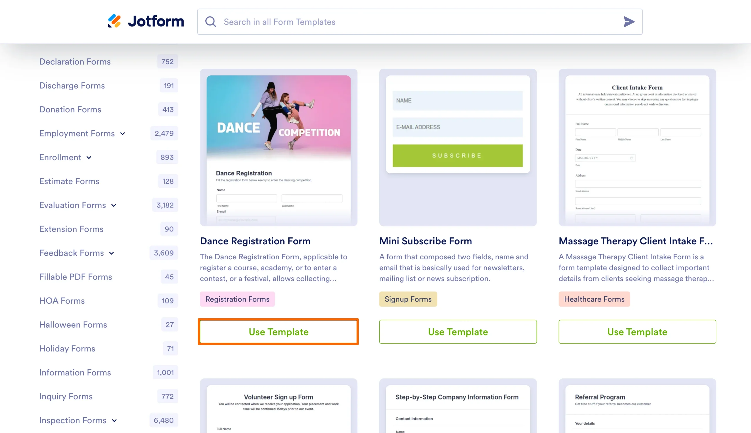 Jotform template gallery with Dance Registration form and highlighted Use Template button