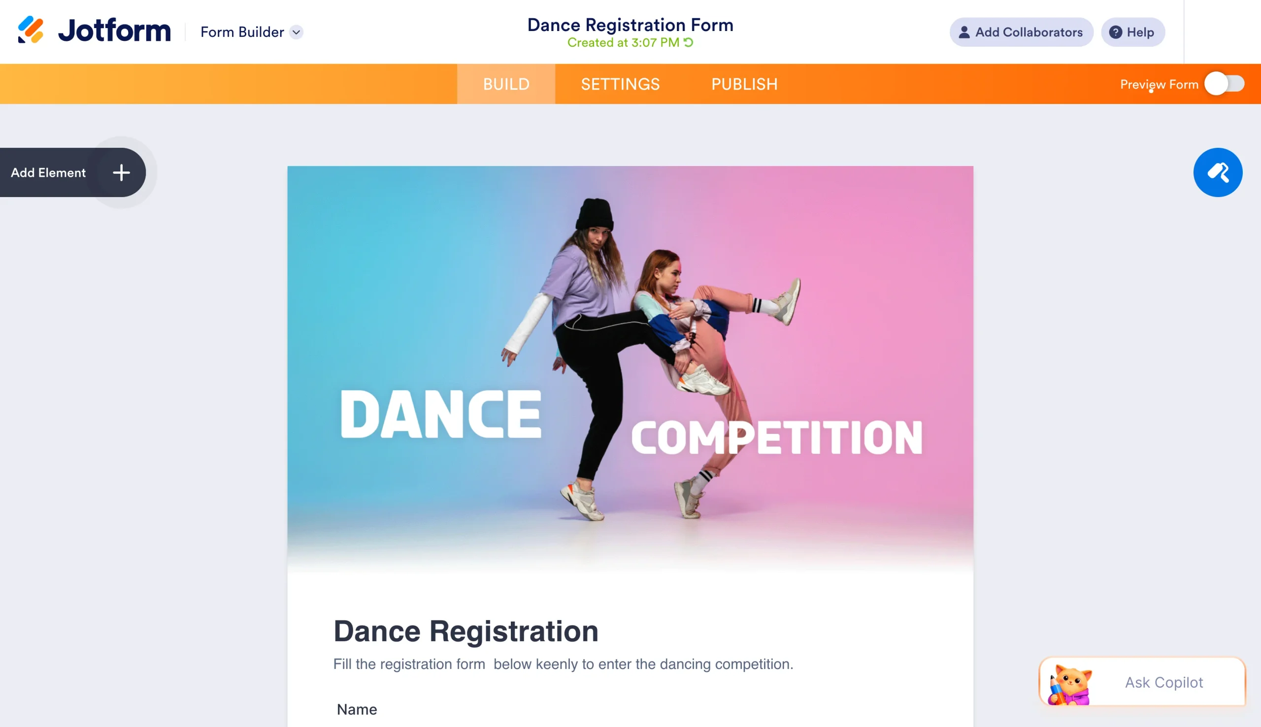 Jotform Form Builder customizing a Dance Registration form template with drag-and-drop tools
