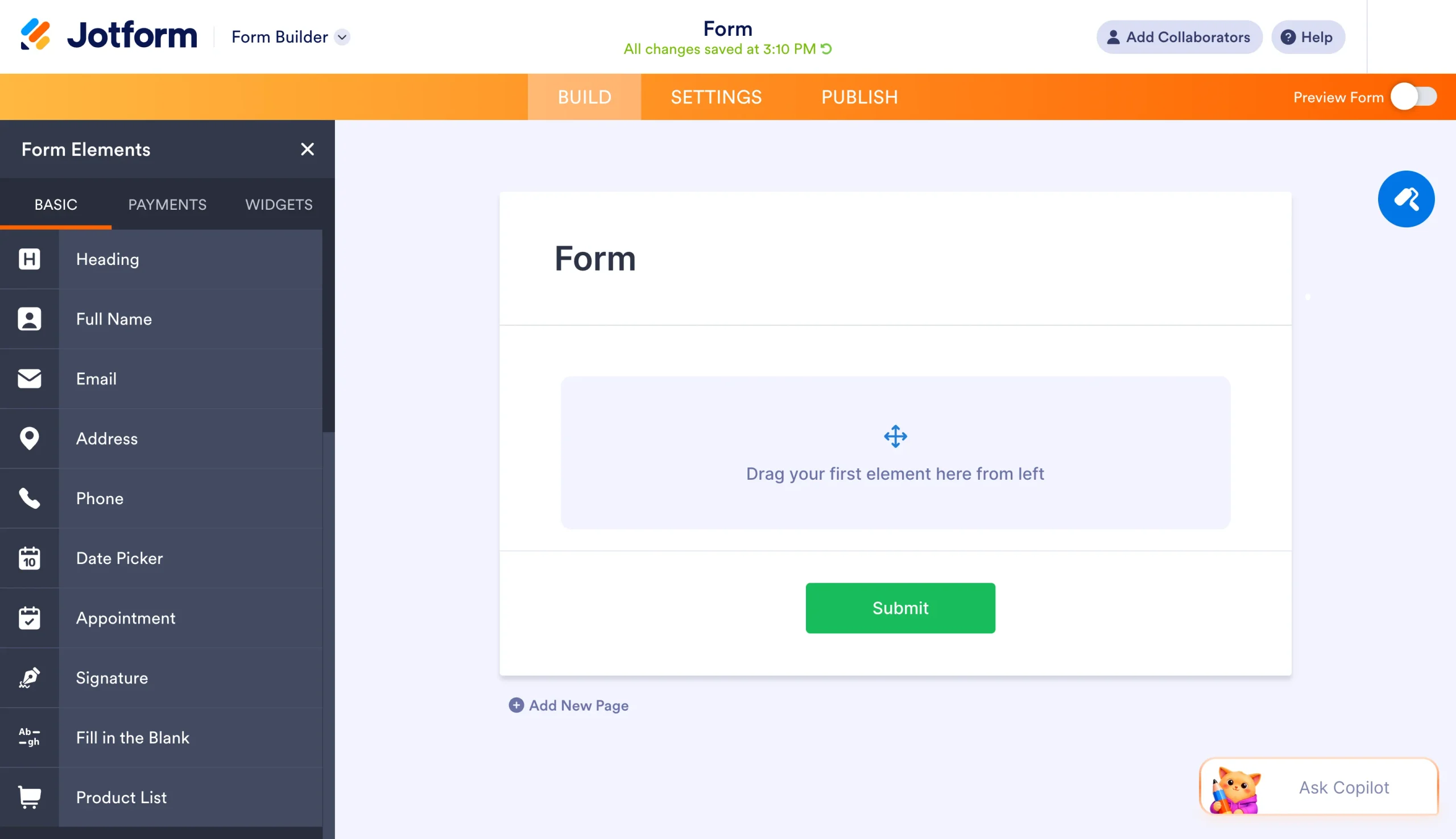 Jotform Form Builder showing a blank form canvas and available form elements