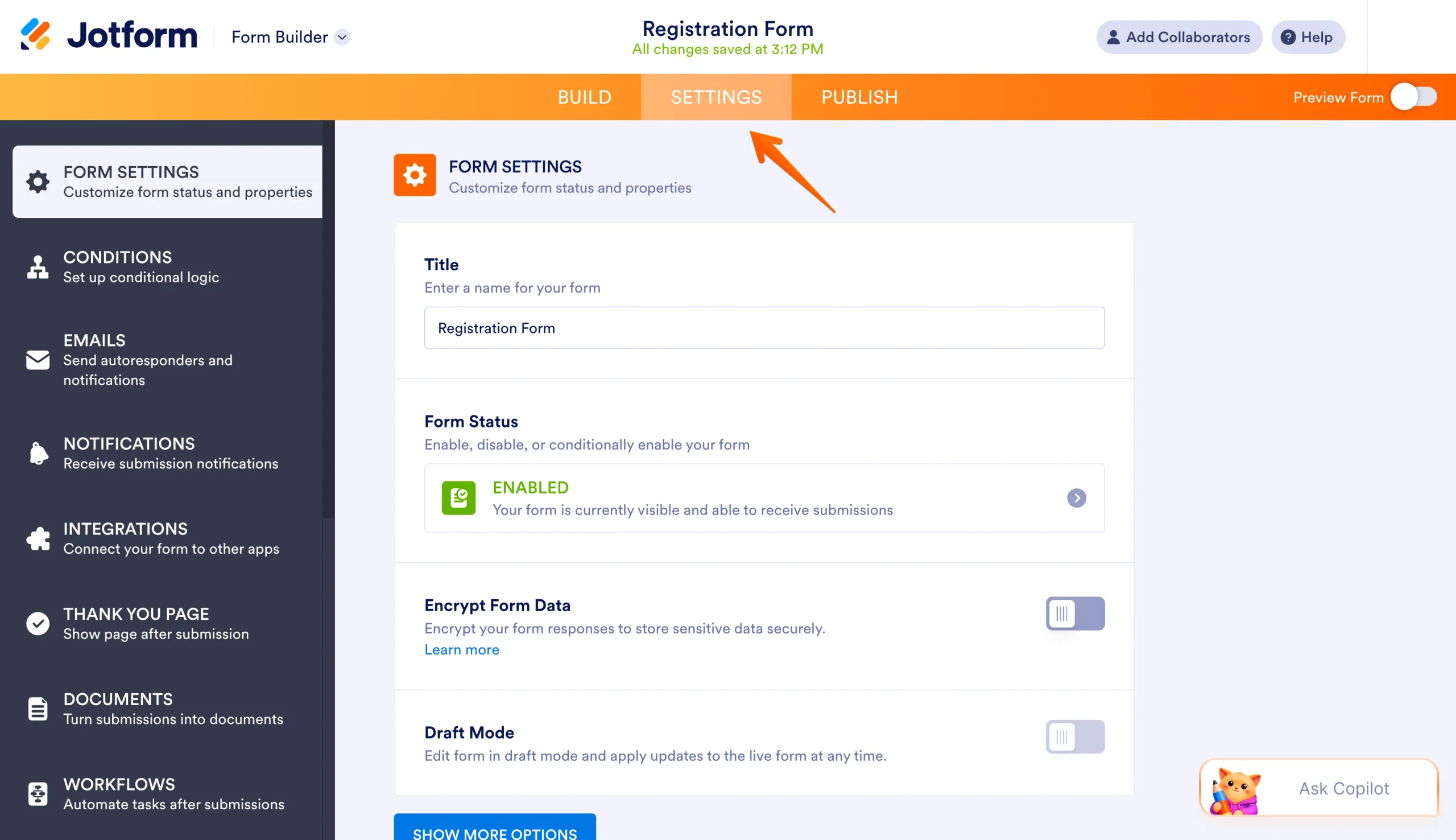 Jotform Form Builder Settings tab with an arrow pointing to Form Settings
