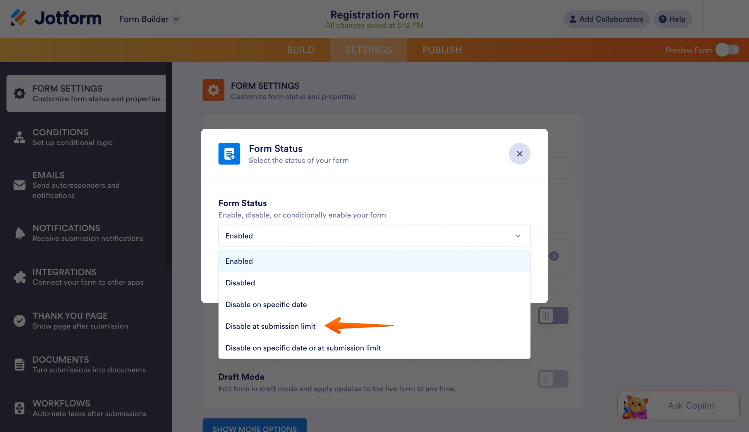 Form Status dialog with the Disable at submission limit option selected