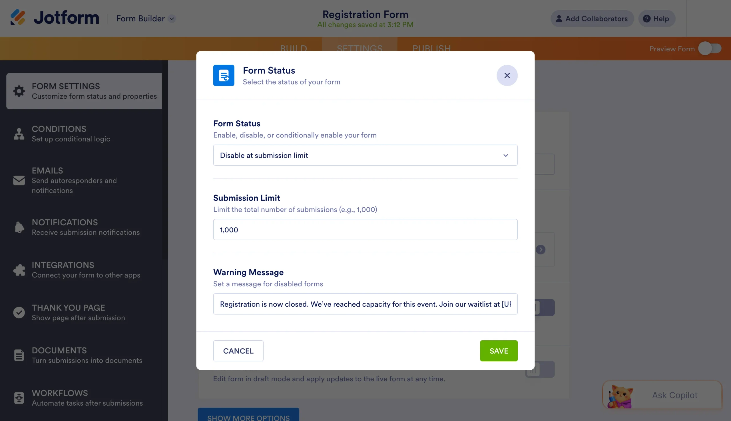 Form Status dialog showing submission limit and warning message fields