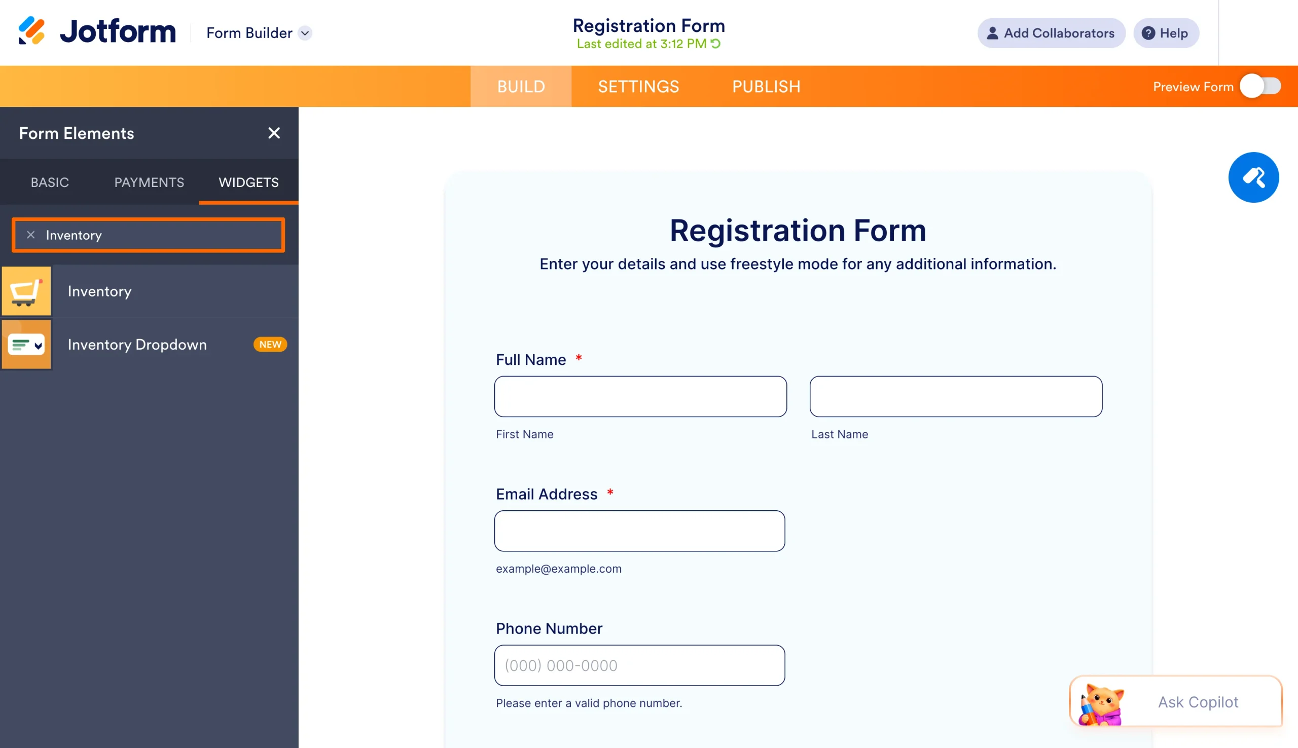 Widgets tab showing the Inventory Widget search result in Jotform Form Builder