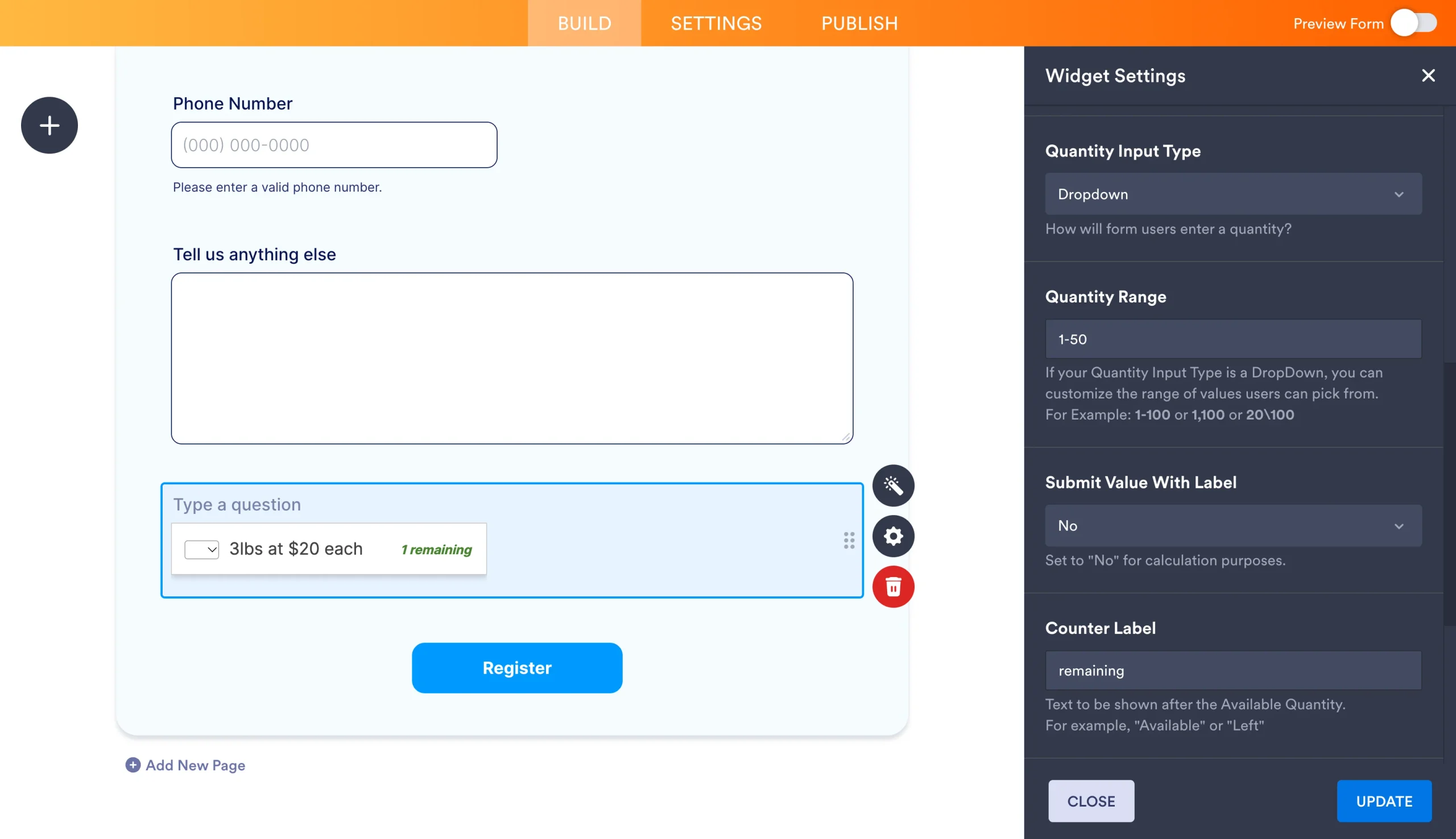 Inventory Widget settings panel with quantity type and quantity range options