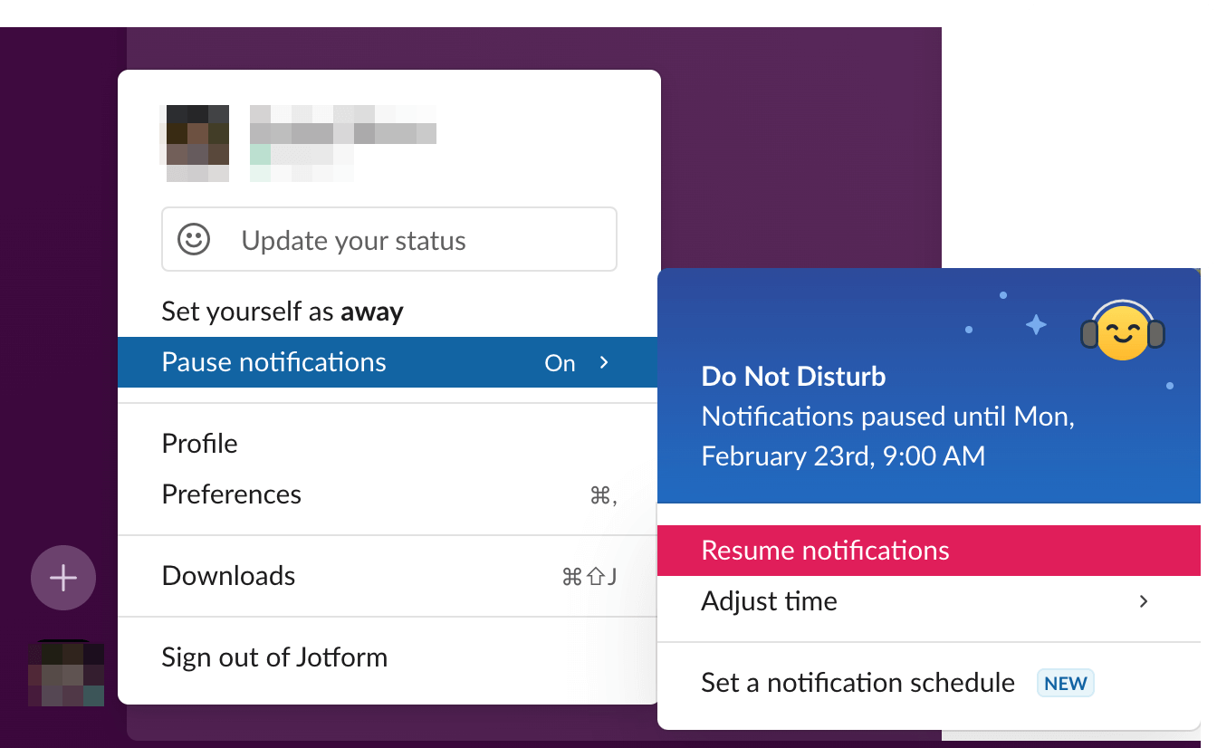 Slack profile dropdown menu showing “Pause notifications” enabled and a pop-up panel with “Do Not Disturb” active and a highlighted “Resume notifications” button