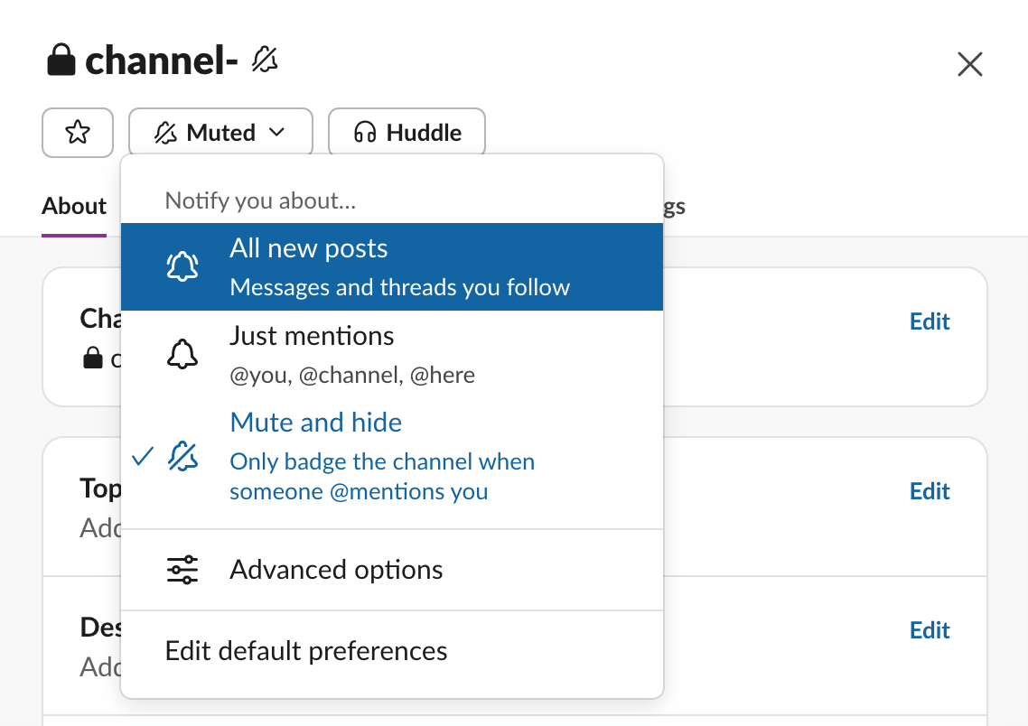 Slack channel settings panel with the “Notify you about…” dropdown open, showing options like “All new posts,” “Just mentions,” and “Mute and hide