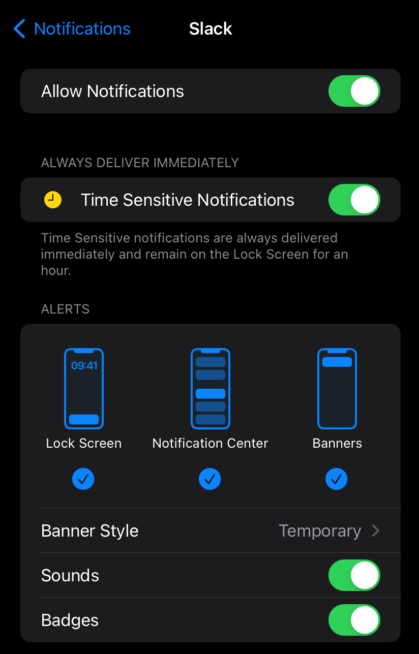 iPhone notification settings screen for Slack with “Allow Notifications” and “Time Sensitive Notifications” toggled on, plus lock screen, notification center, and banner alert options
