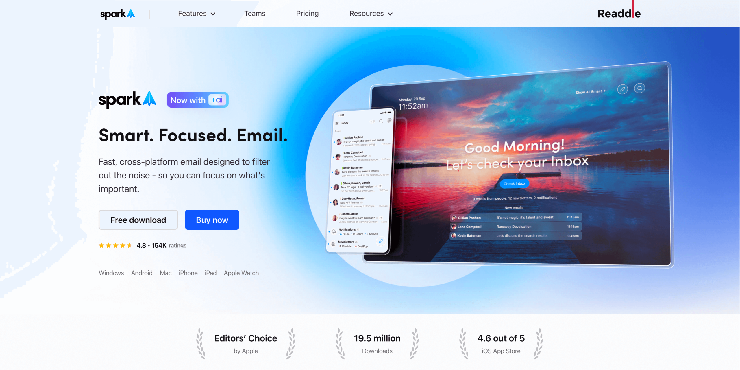 Screenshot of Spark's landing page, showing a headline "Smart, Focused, Email"