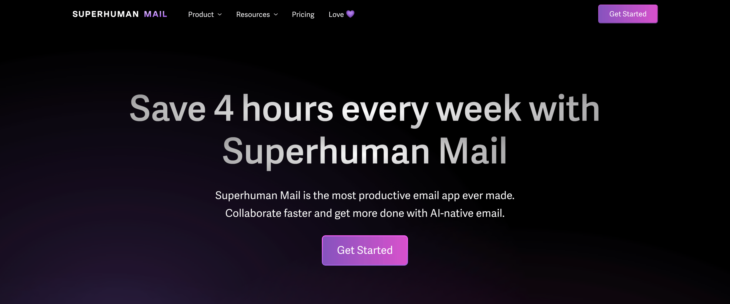 Screenshot of Superhuman Mail's landing page, showing a headline "Save 4 hours every week with Superhuman Mail"