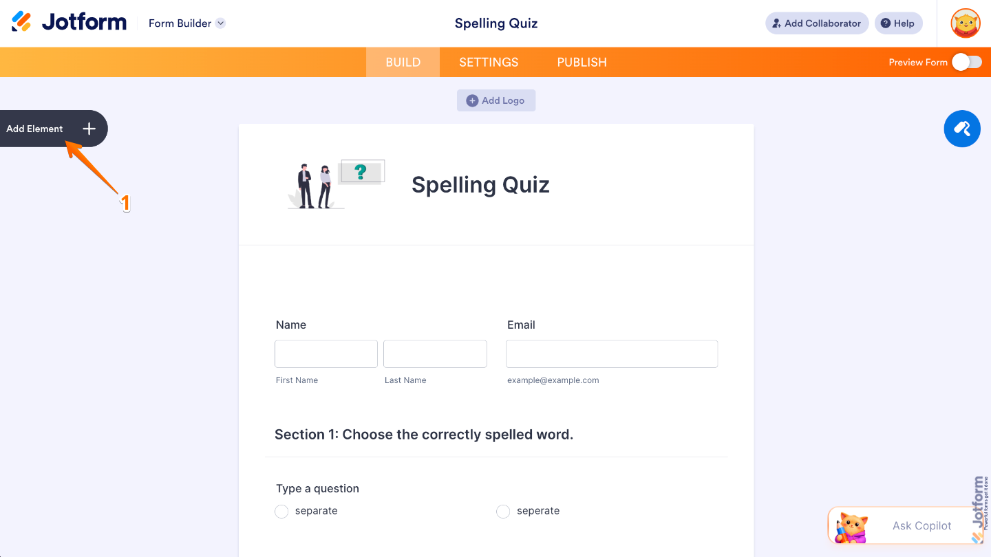 Form Builder interface showing the Add Element button on the left panel
