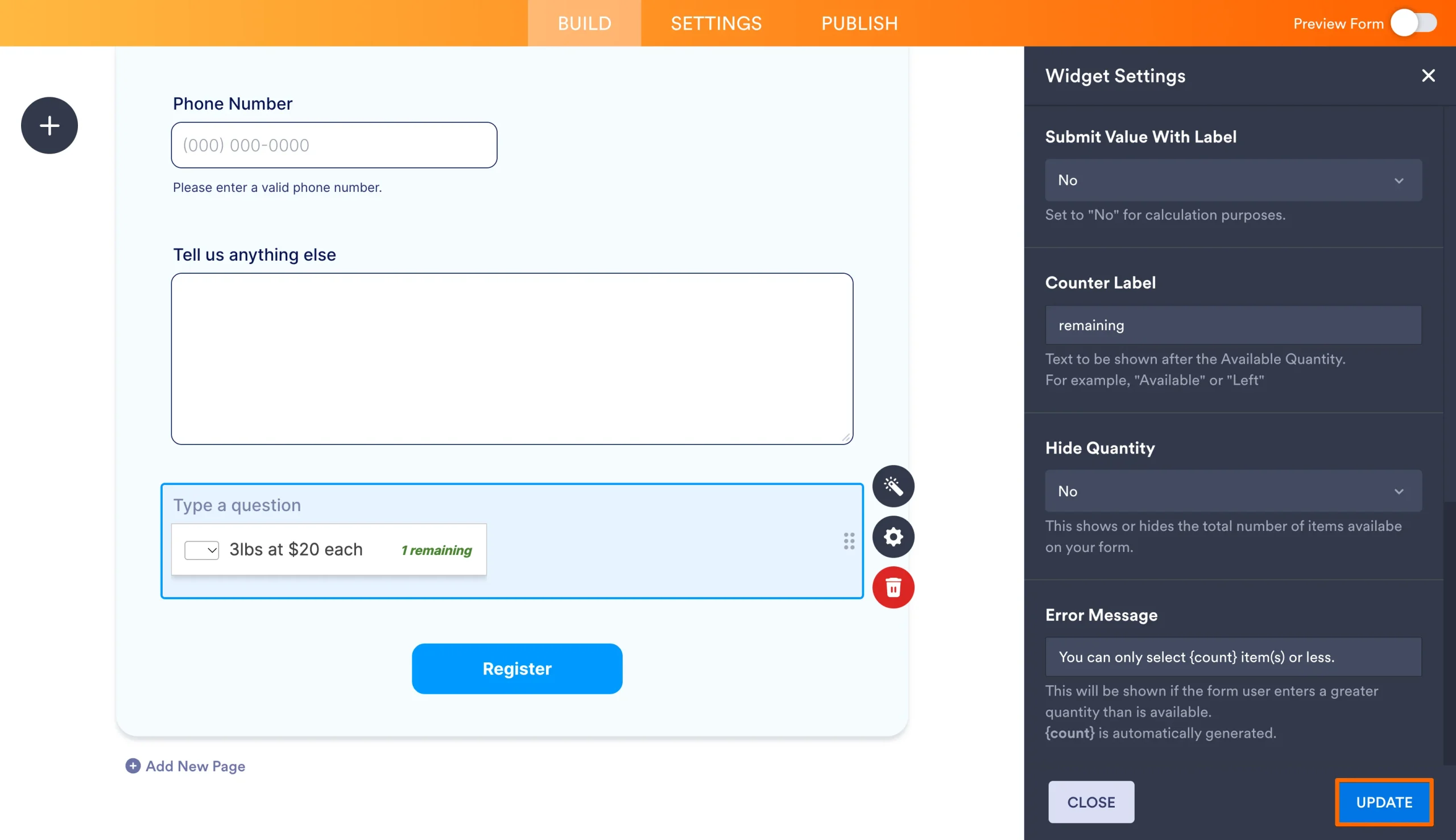 Inventory Widget settings panel with counter label, hide quantity, and error message options