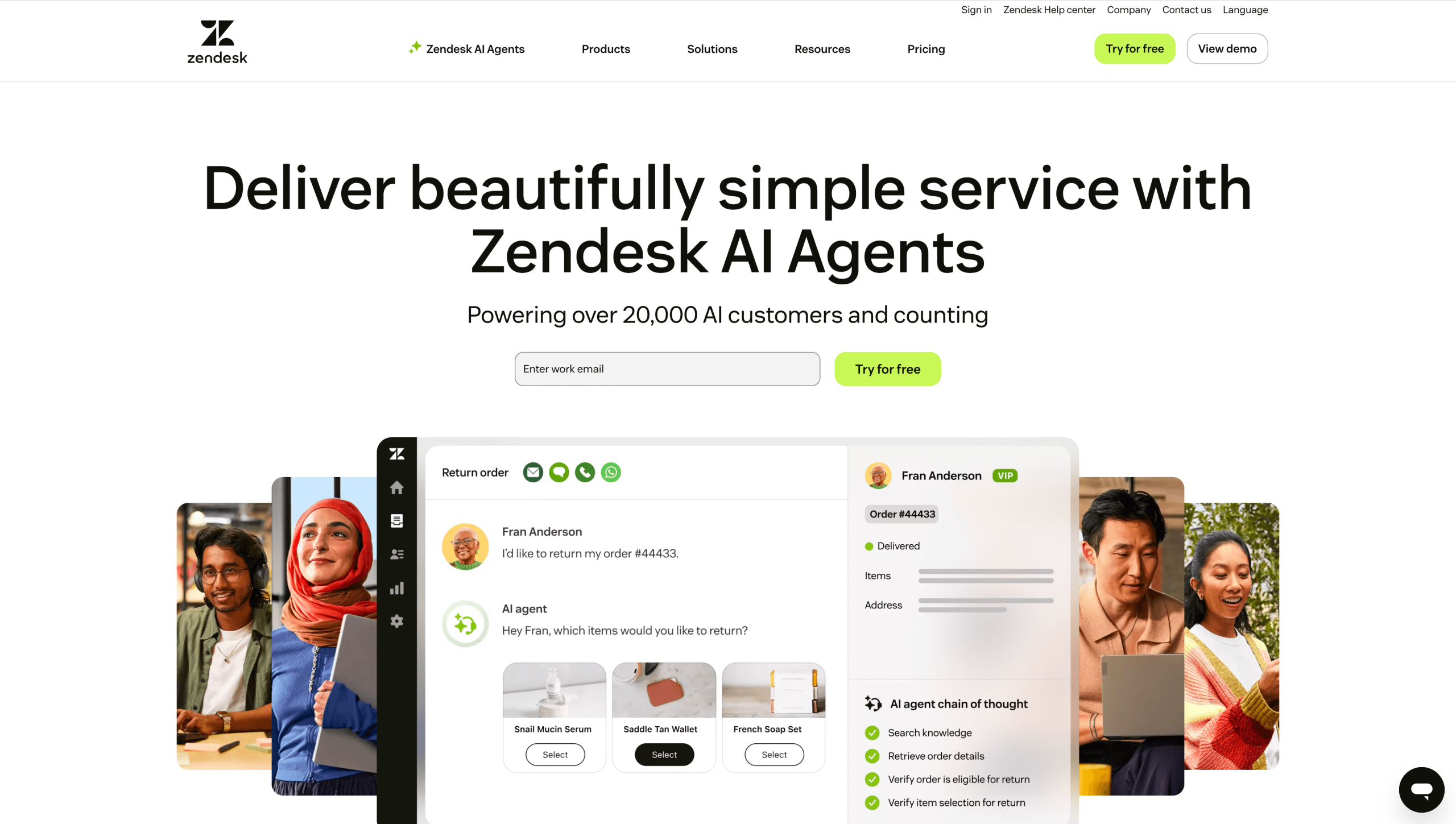 Screenhot of Zendesk's landing page, showing a headline "Deliver beautifully simple service with Zendesk AI Agents"