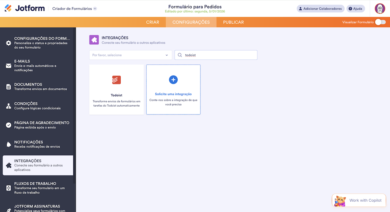Pesquisando a integração do Todoist na página de Integrações no Criador de Formulários Jotform