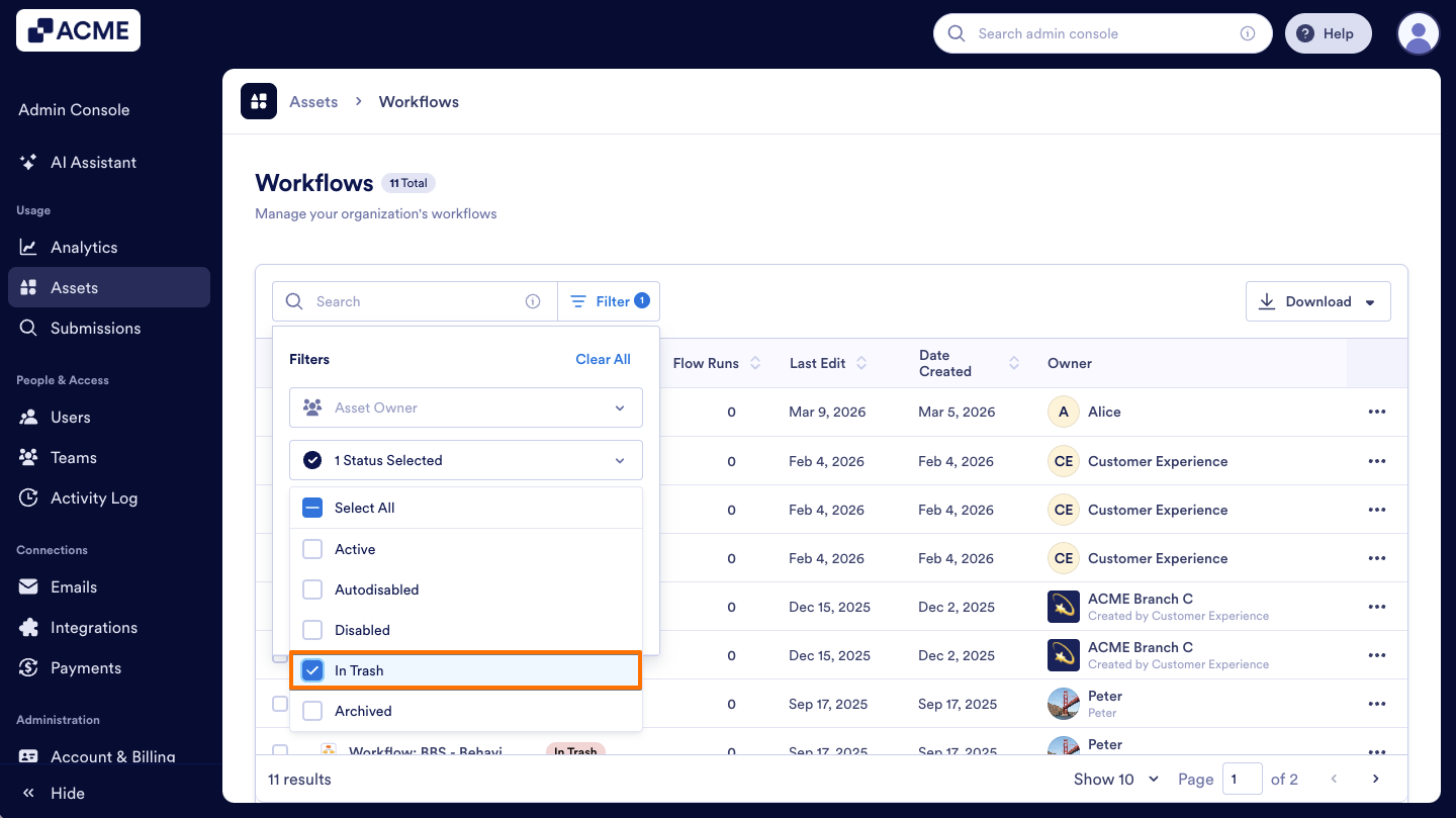 How to Trash or Restore Workflows in Your Organization from the Admin Console Image-21