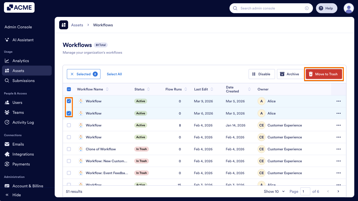 How to Trash or Restore Workflows in Your Organization from the Admin Console Image-14