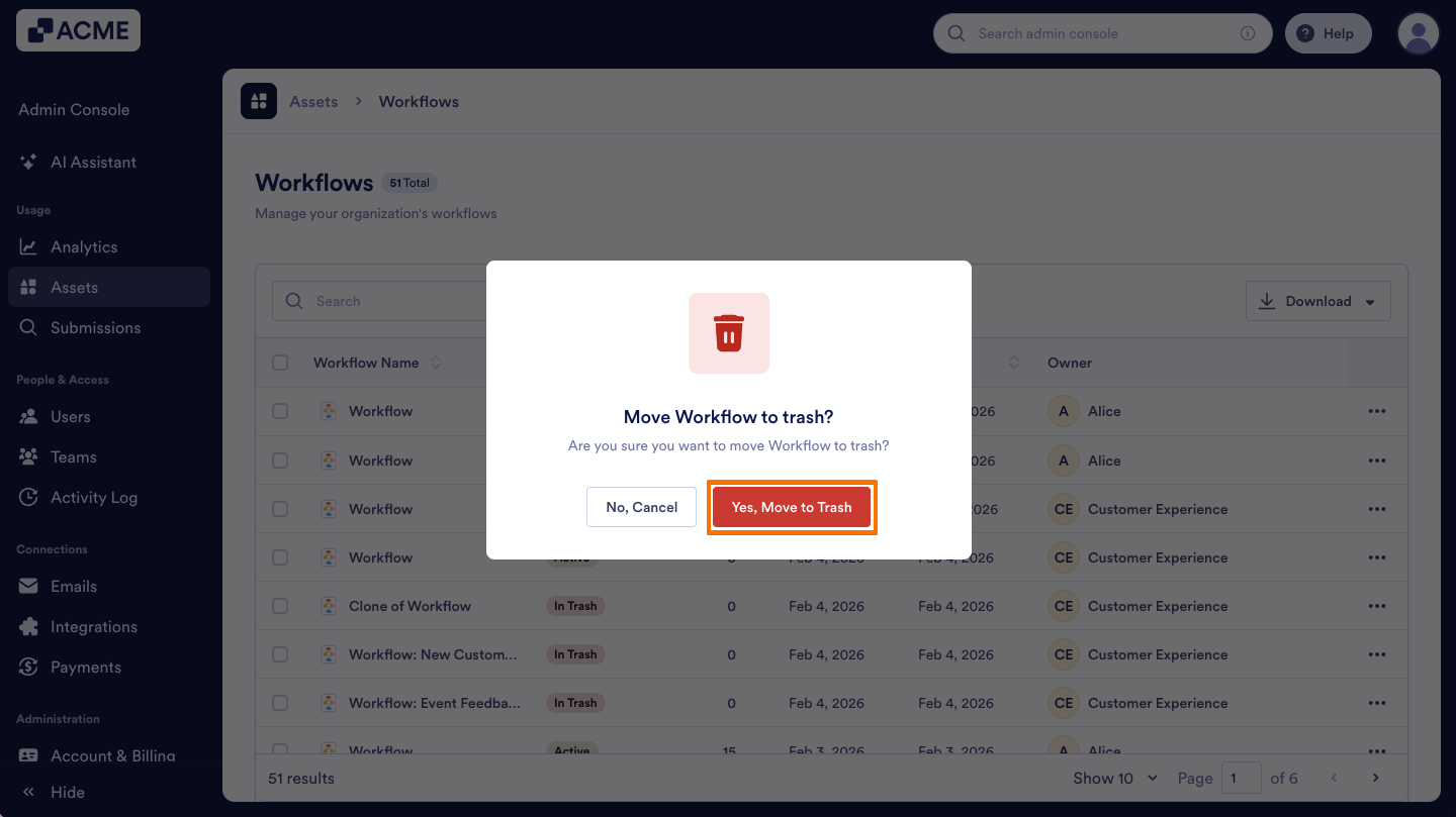 How to Trash or Restore Workflows in Your Organization from the Admin Console Image-3