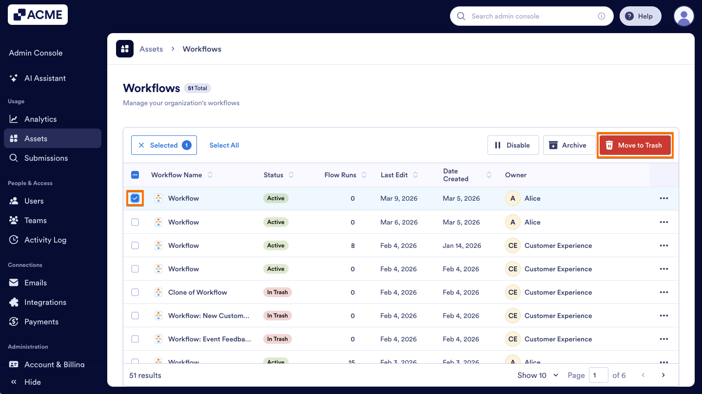 How to Trash or Restore Workflows in Your Organization from the Admin Console Image-4
