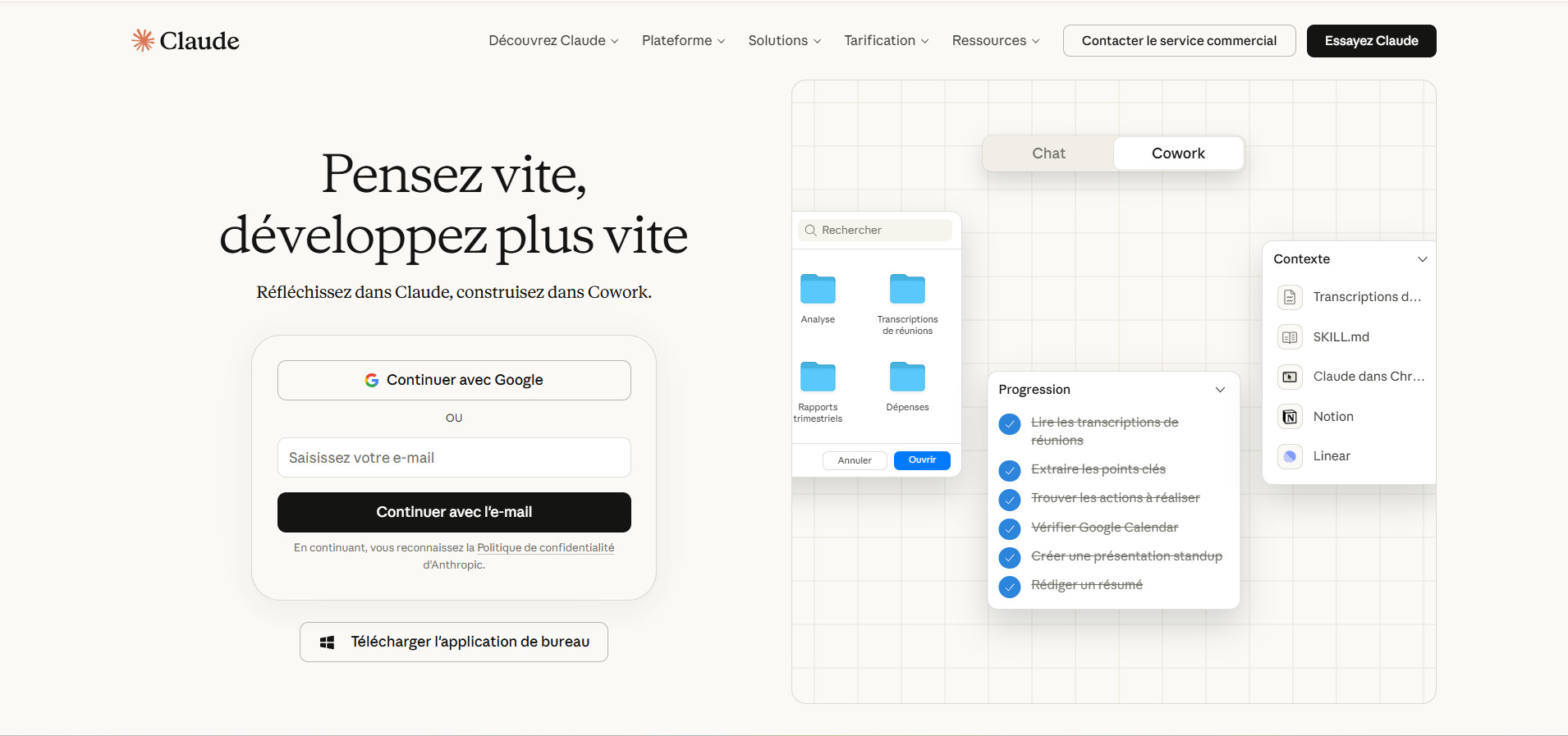 Capture d'écran de la page d'accueil de Claude