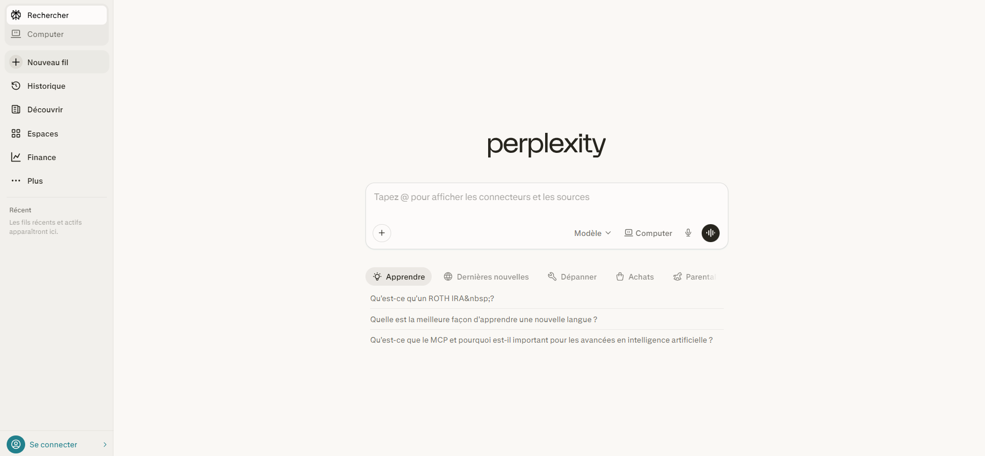 Capture d'écran de la page d'accueil de Perplexity AI