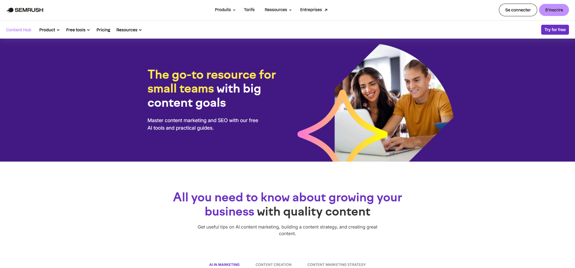 Capture d'écran de la page d'accueil Semrush ContentShake AI