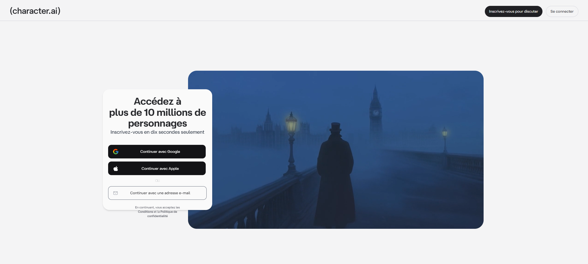Capture d'écran de la page d'accueil Character