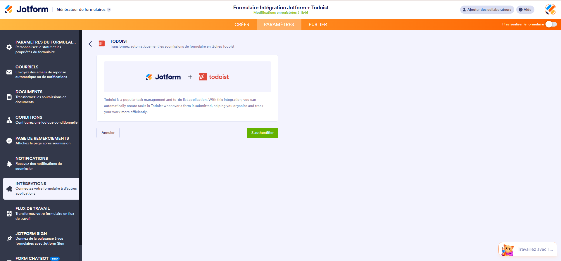 Capture d'écran de la page Jotform + Todoist dans le Générateur de formulaires Jotform avec le bouton S'authentifier
