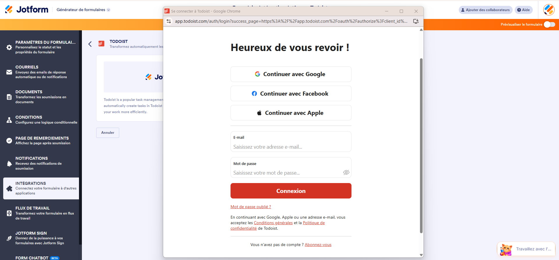 Capture d'écran de la fenêtre modale qui s'affiche lorsqu'on clique sur le bouton S'authentifier de l'intégration Jotform + Todoist dans le Générateur de formulaires Jotform