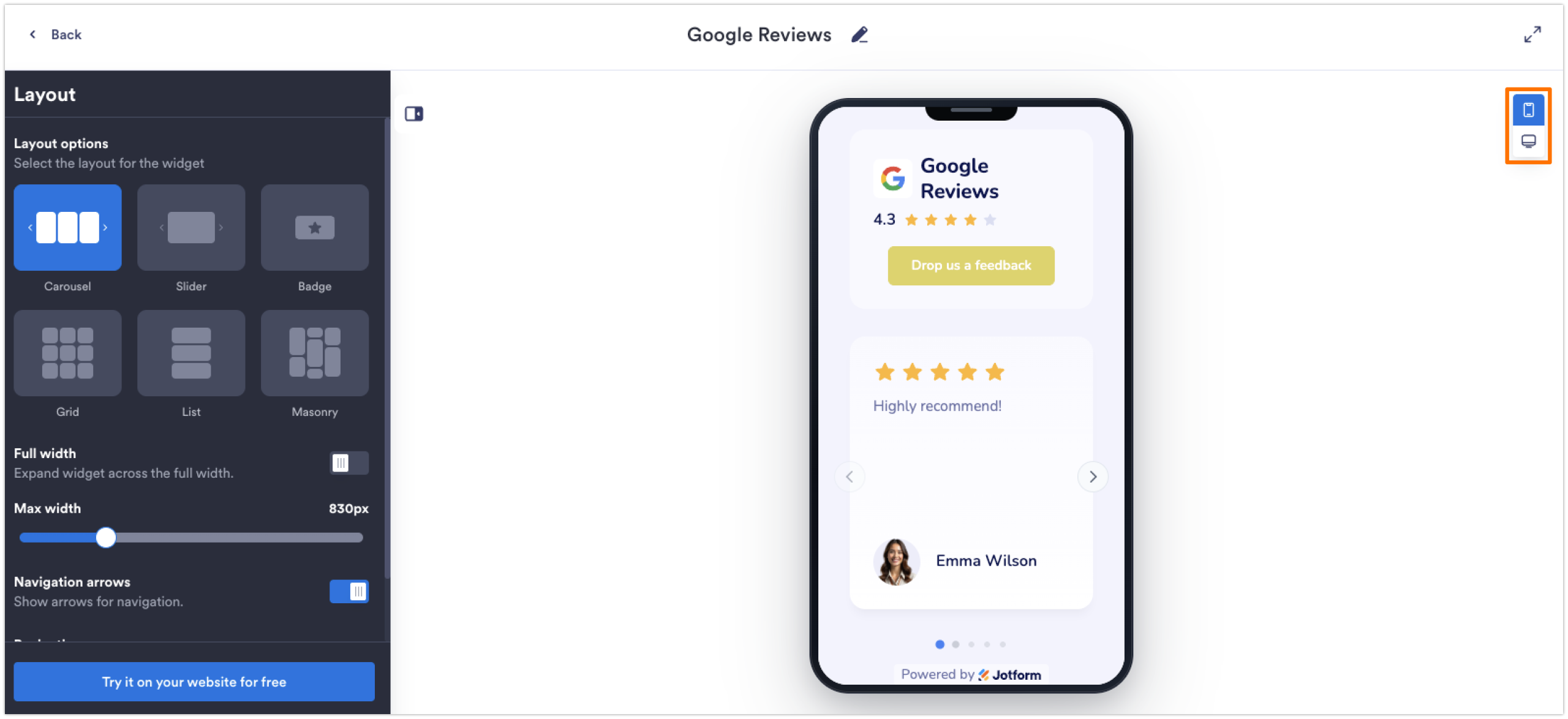 Screenshot shows a pro tip for using Jotform's Google Review Widget