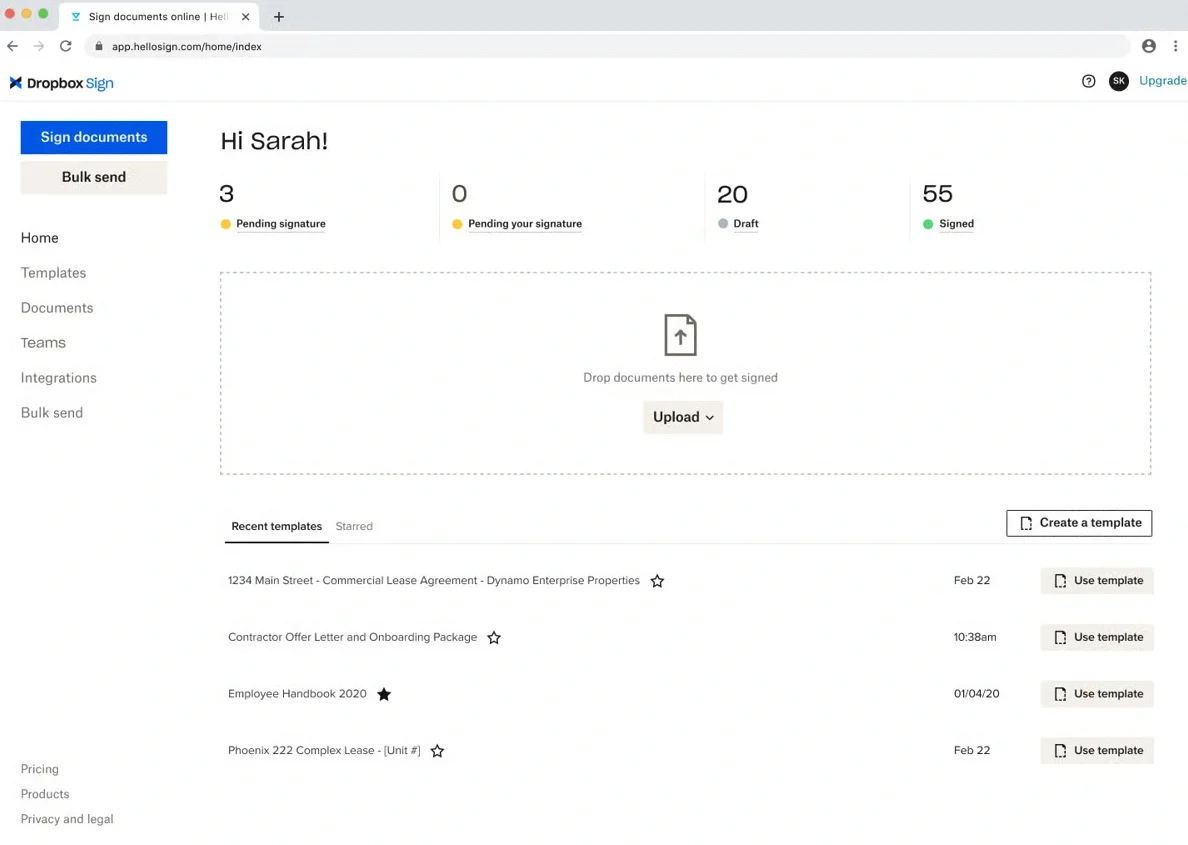 Dropbox Sign dashboard showing document status counts, upload area, and recent templates list