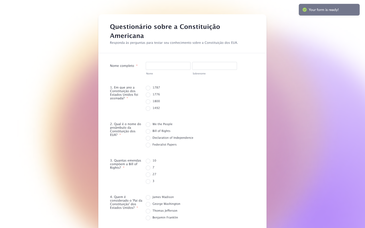 Captura de tela de um questionário sobre a Constituição Americana, com perguntas de múltipla escolha e campos para nome, criado automaticamente com o auxílio da IA Jotform