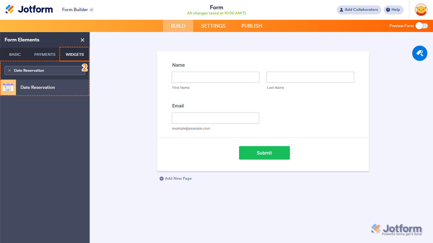 Date Reservation in the Widgets tab of the Jotform Form Builder