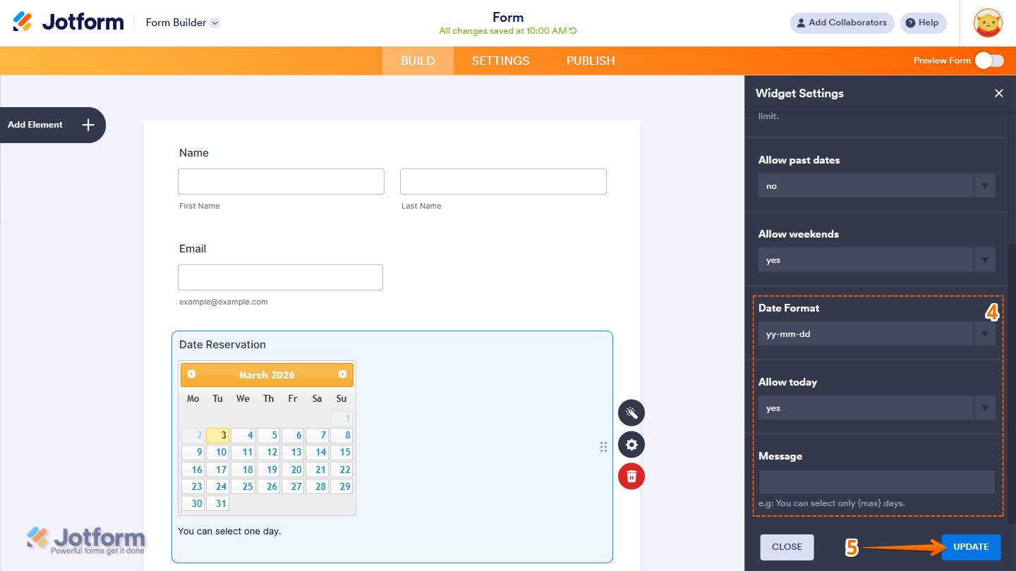Date Format, Allow Today, and Message options in the Data Reservation Widget Settings menu