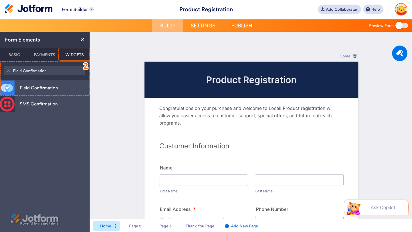 Form Elements panel under the Widgets tab showing the Field Confirmation widget being searched and added to a form