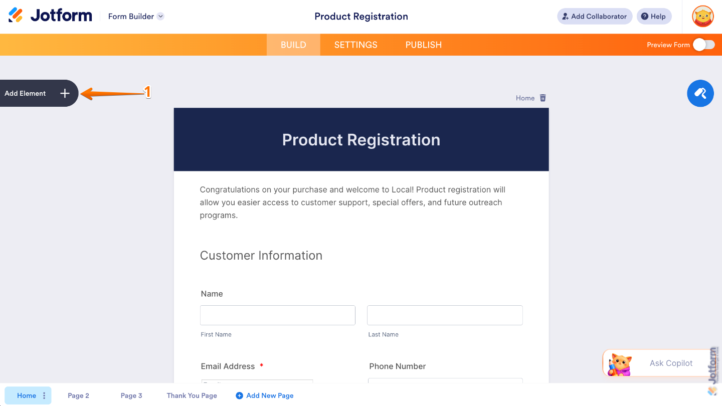 Form Builder interface highlighting the Add Element button on the left panel to add new form fields and widgets