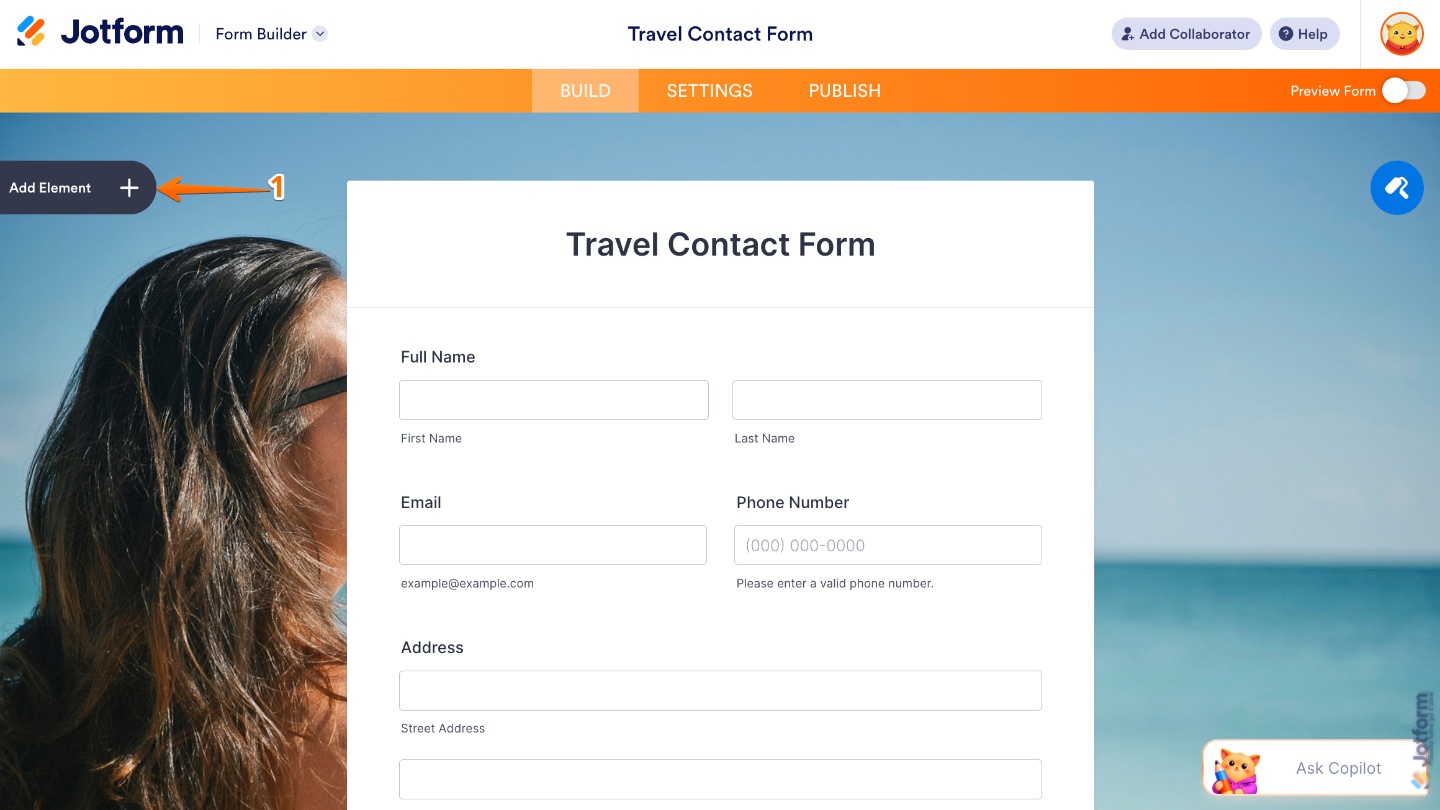 Form Builder interface highlighting the Add Element button on the left panel for adding new fields and widgets