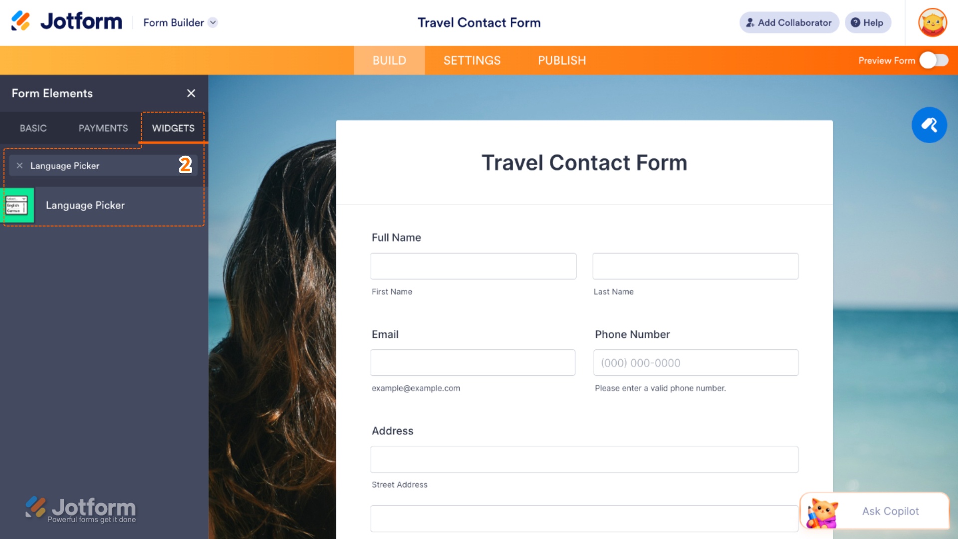 Form Elements panel under the Widgets tab showing the Language Picker widget being searched and added to a form