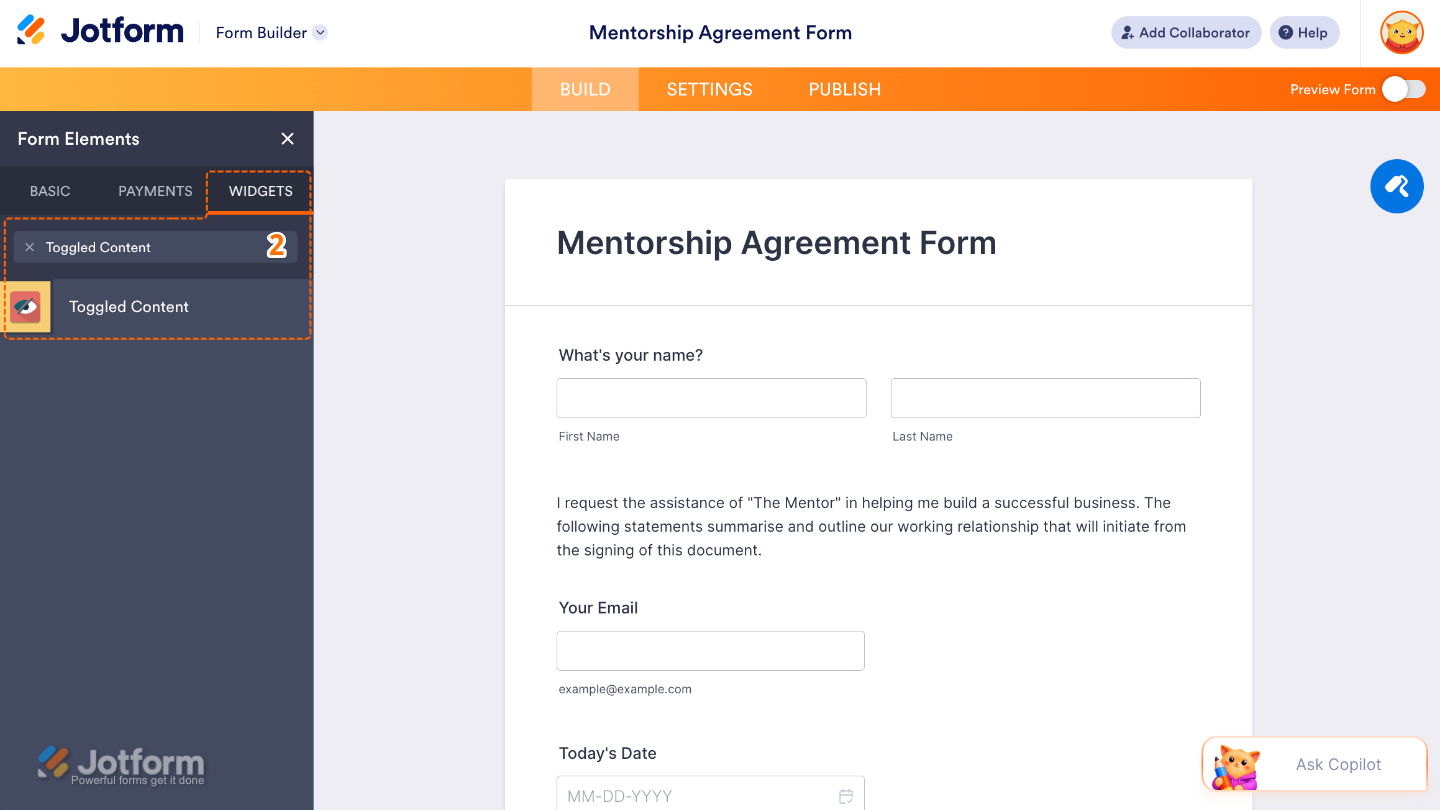 Form Elements menu under Widgets tab showing Toggled Content widget being searched and selected