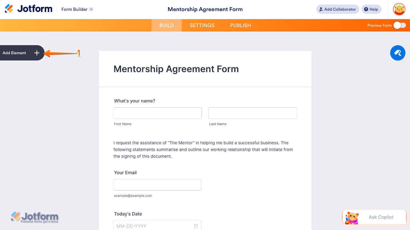 Form Builder interface highlighting the Add Element button on the left sidebar