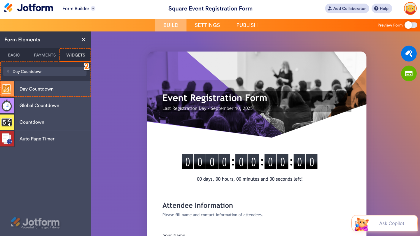 Form Elements menu under Widgets tab showing Day Countdown widget being searched and selected