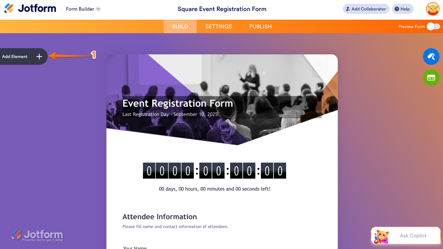 Form Builder interface highlighting the Add Element button on the left sidebar