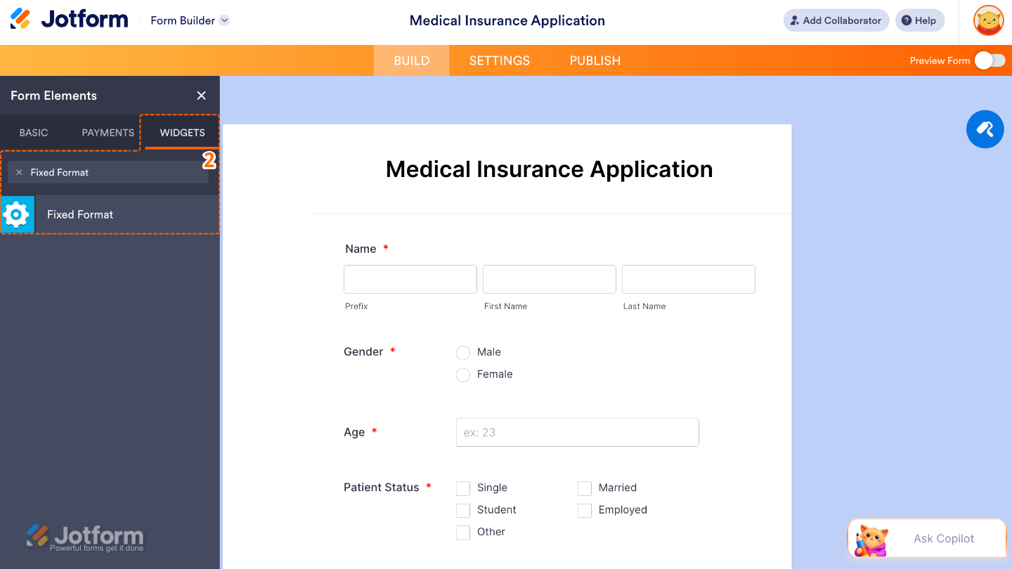 Form Elements menu under Widgets tab showing Fixed Format widget being searched and selected