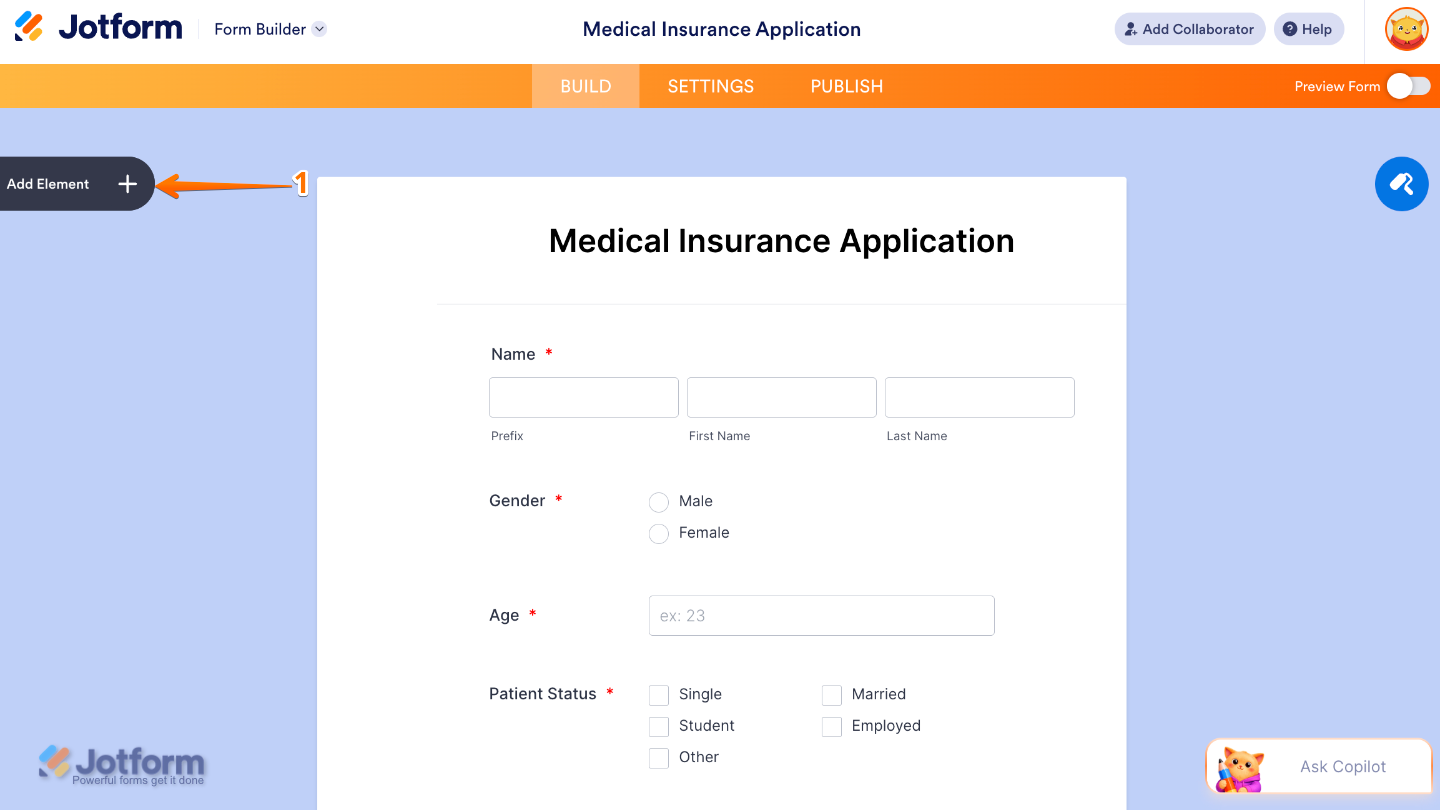 Form Builder interface highlighting the Add Element button on the left sidebar