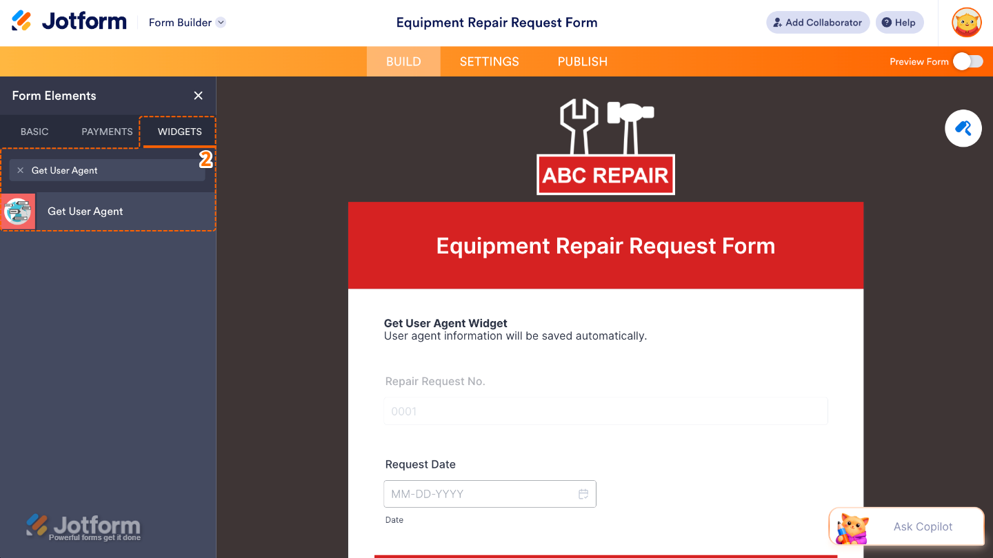Form Elements panel under the Widgets tab showing the Get User Agent widget being searched and added to a form