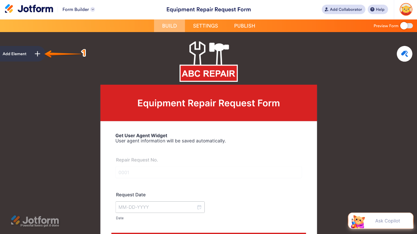 Form Builder interface highlighting the Add Element button on the left panel used to add new fields to a form