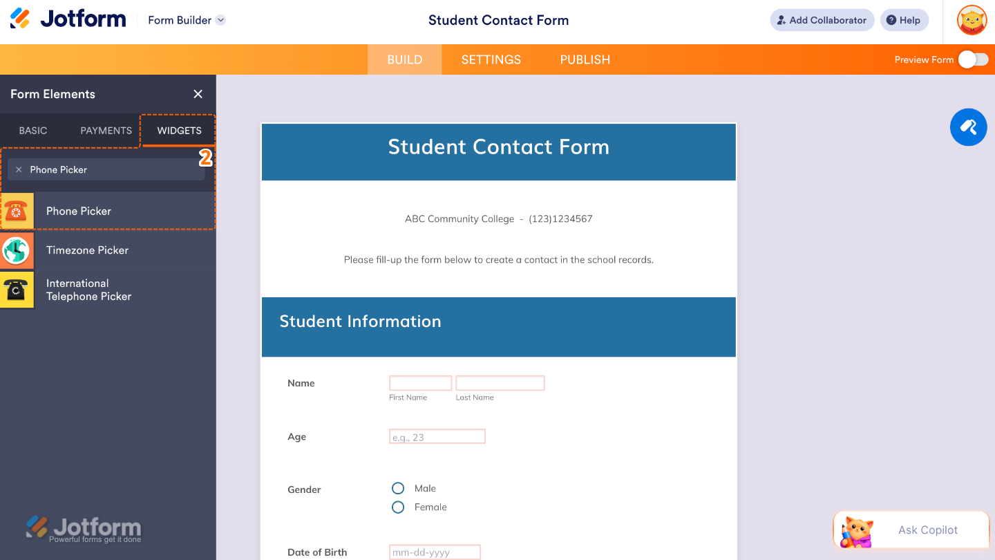 Form Elements menu under Widgets tab showing Phone Picker widget being searched and selected
