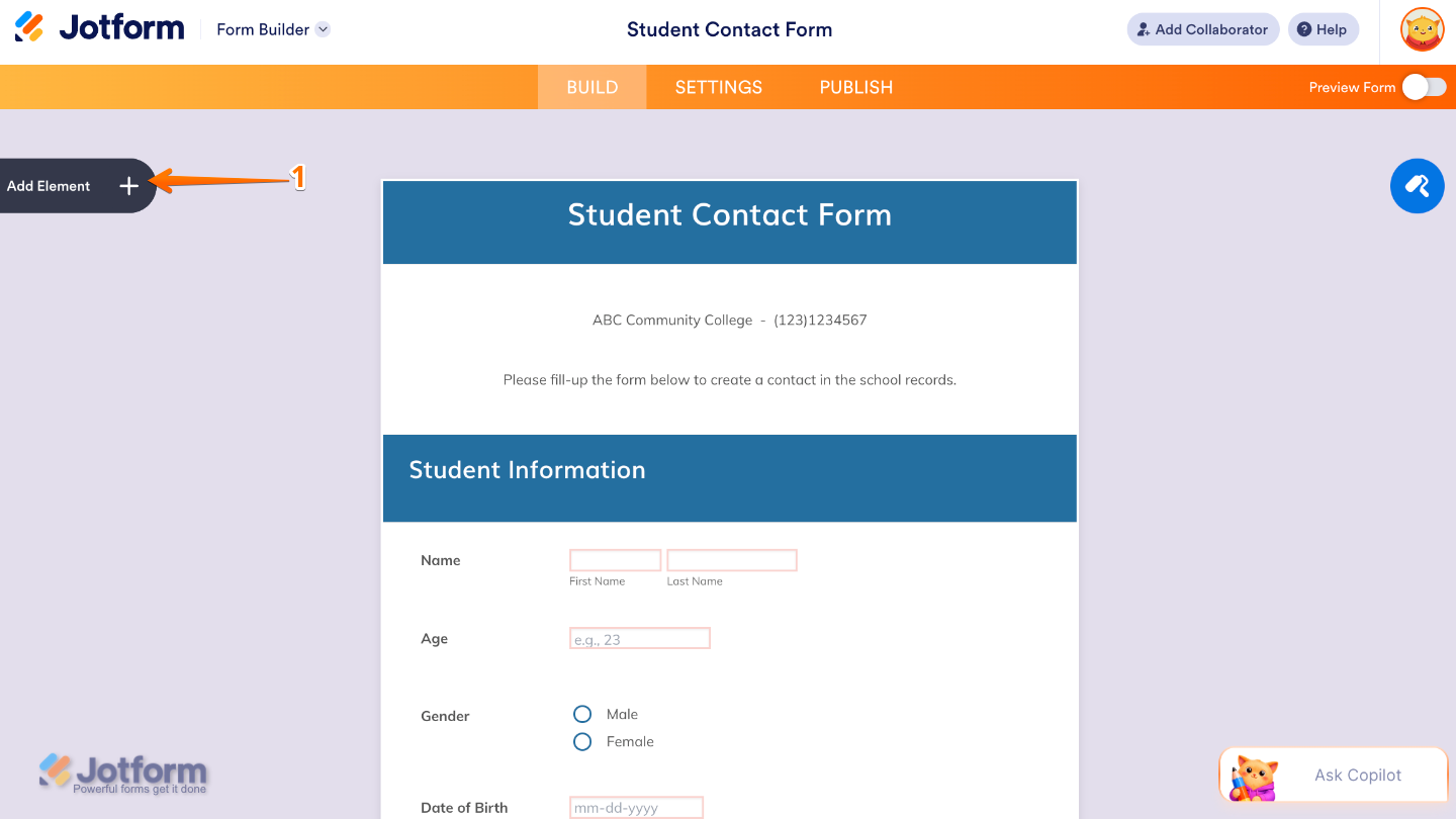 Form Builder interface highlighting the Add Element button on the left sidebar
